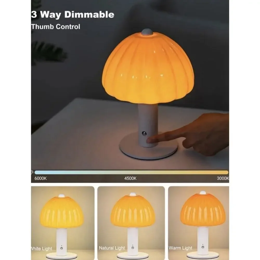 Cordless Mushroom Glass Table Lamp Orange Touch 3-Color LED Rechargeable 7.8”